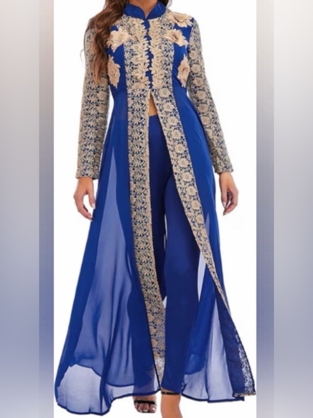 Royal Blue Embroidered Maxi Dress with Sheer Overlay S